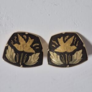 Vintage Damascene Flying Bird & Leaves Gold-tone and Black Clip-on Earrings